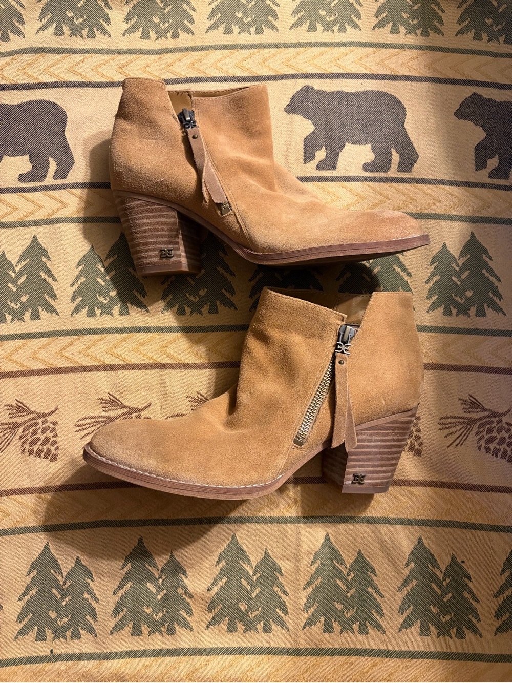 Sam Edelman Tan Suede Ankle Booties with Stacked Heel